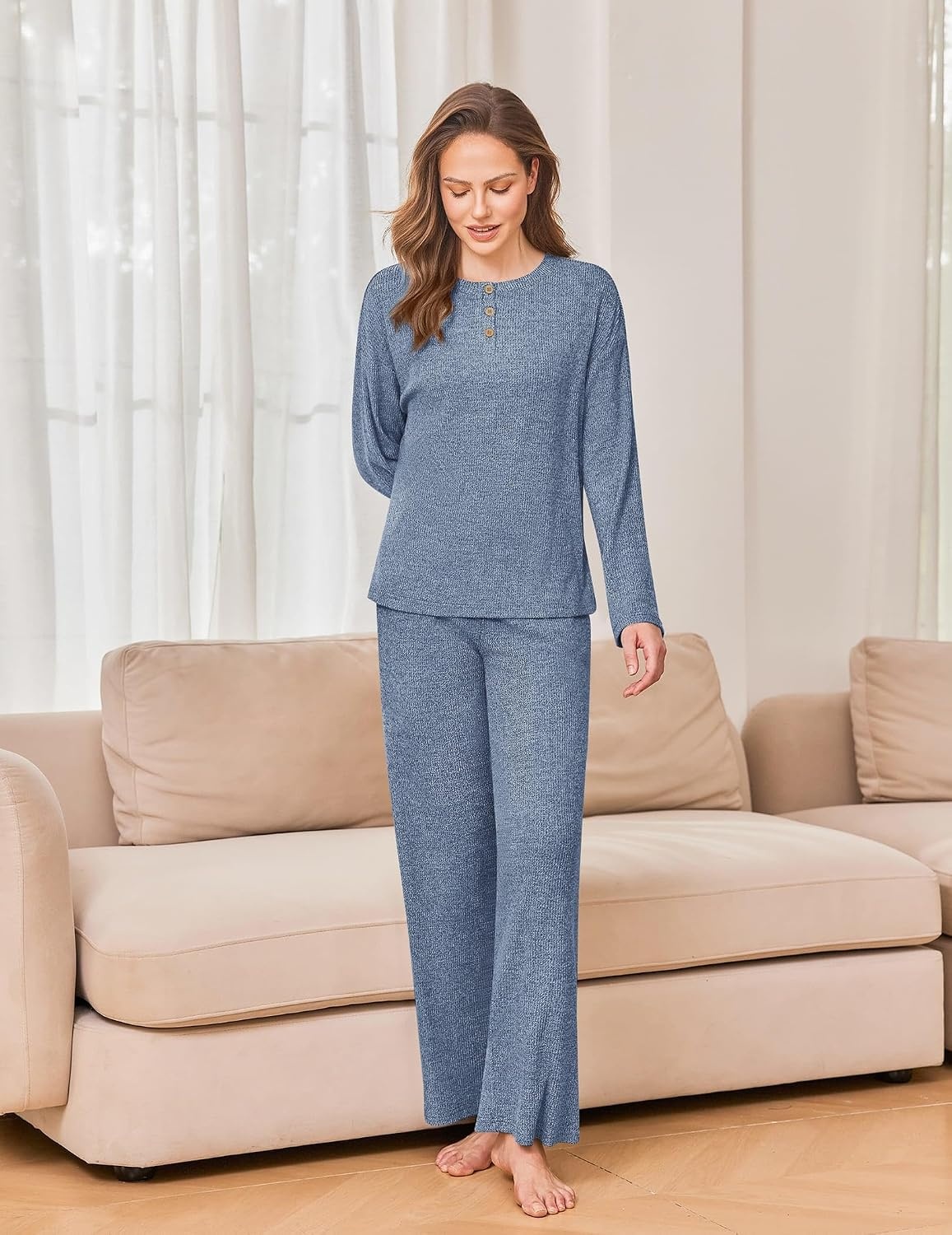 image:imageEkouaer Womens Pajama sets Long Sleeve Cozy 2 Piece Matching Lounge Set Comfy nonitchy ribbed knit pjs henley neck drop shoulder loose fit elastic waist pants with pockets fall pjs great giftDusty Blue