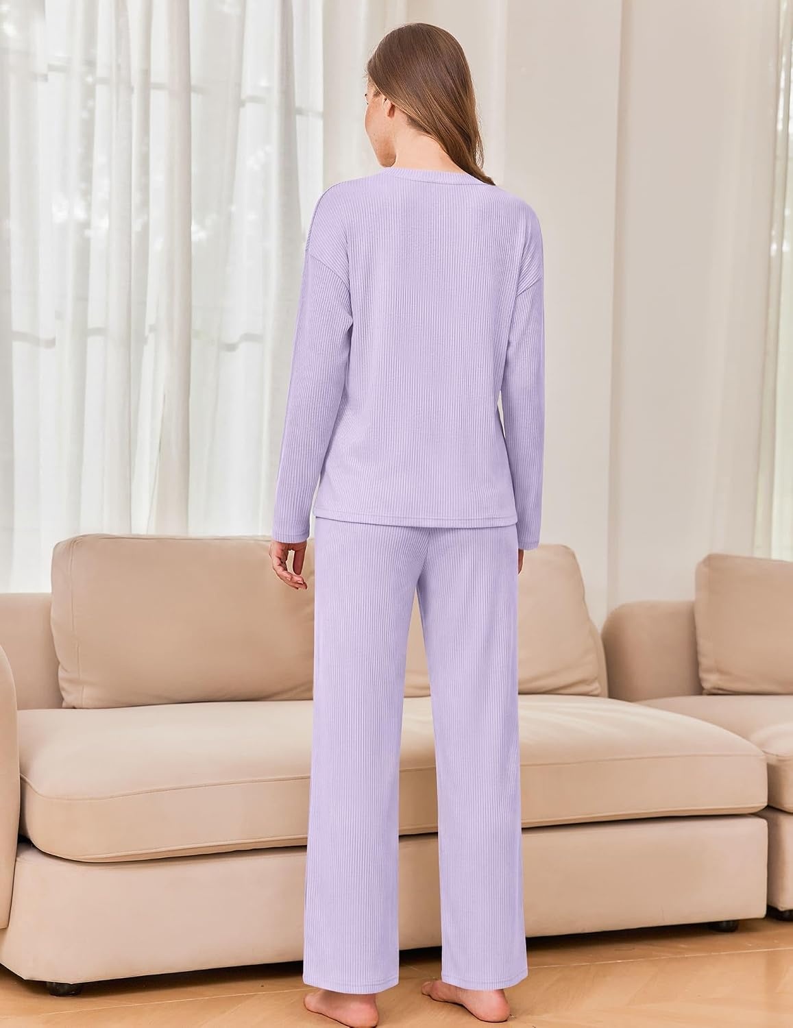 image:imageEkouaer Womens Pajama sets Long Sleeve Cozy 2 Piece Matching Lounge Set Comfy nonitchy ribbed knit pjs henley neck drop shoulder loose fit elastic waist pants with pockets fall pjs great giftLavender