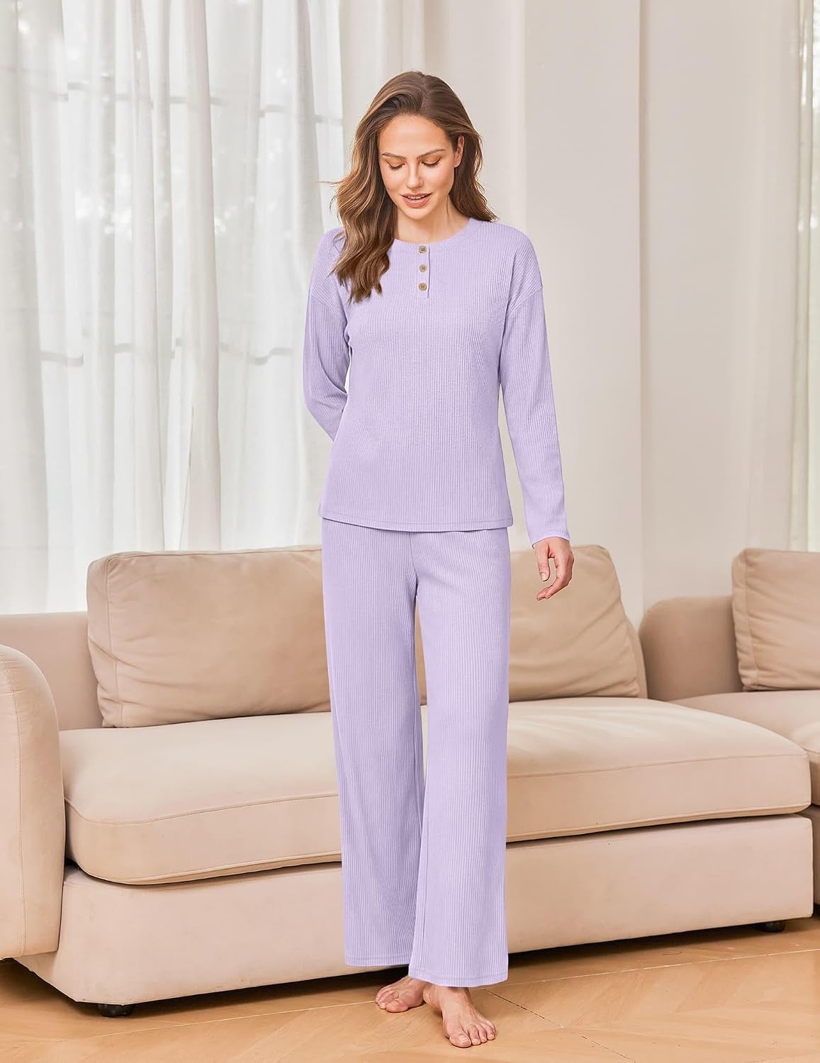 image:imageEkouaer Womens Pajama sets Long Sleeve Cozy 2 Piece Matching Lounge Set Comfy nonitchy ribbed knit pjs henley neck drop shoulder loose fit elastic waist pants with pockets fall pjs great giftLavender