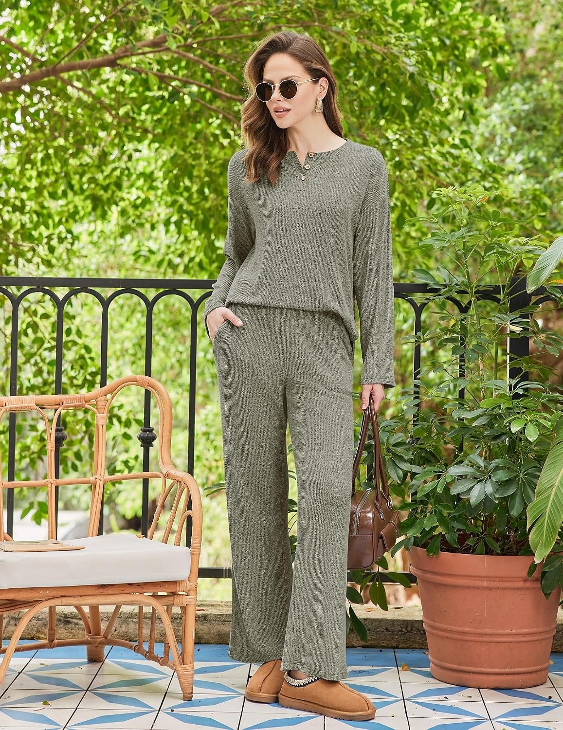 image:imageEkouaer Womens Pajama sets Long Sleeve Cozy 2 Piece Matching Lounge Set Comfy nonitchy ribbed knit pjs henley neck drop shoulder loose fit elastic waist pants with pockets fall pjs great giftOlive Green