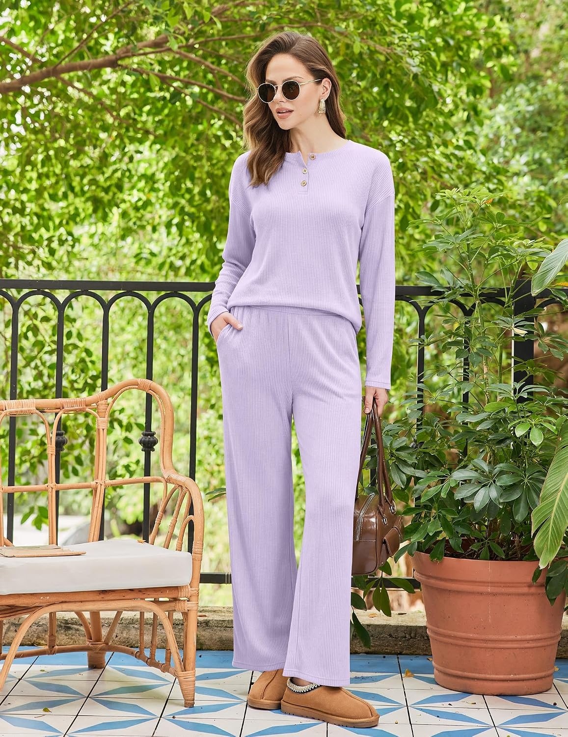 image:imageEkouaer Womens Pajama sets Long Sleeve Cozy 2 Piece Matching Lounge Set Comfy nonitchy ribbed knit pjs henley neck drop shoulder loose fit elastic waist pants with pockets fall pjs great giftLavender