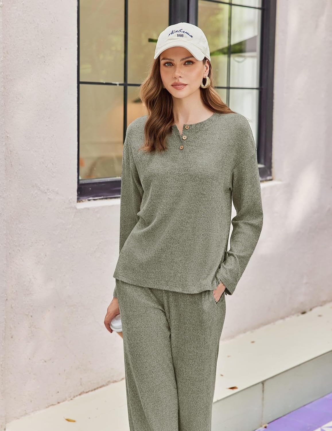 image:imageEkouaer Womens Pajama sets Long Sleeve Cozy 2 Piece Matching Lounge Set Comfy nonitchy ribbed knit pjs henley neck drop shoulder loose fit elastic waist pants with pockets fall pjs great giftOlive Green