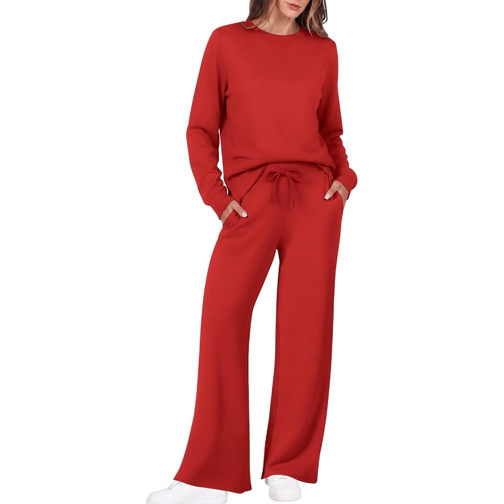 image:imageEkouaer 2 Piece Sets for Women Fall Lounge Sets Outfits Matching Clothing 2026 Fall Long Sleeve Pullover TopWideLeg Pants PocketsDrawstring Elastic WaistAirport Travel SetTracksuitSweatsuitRed
