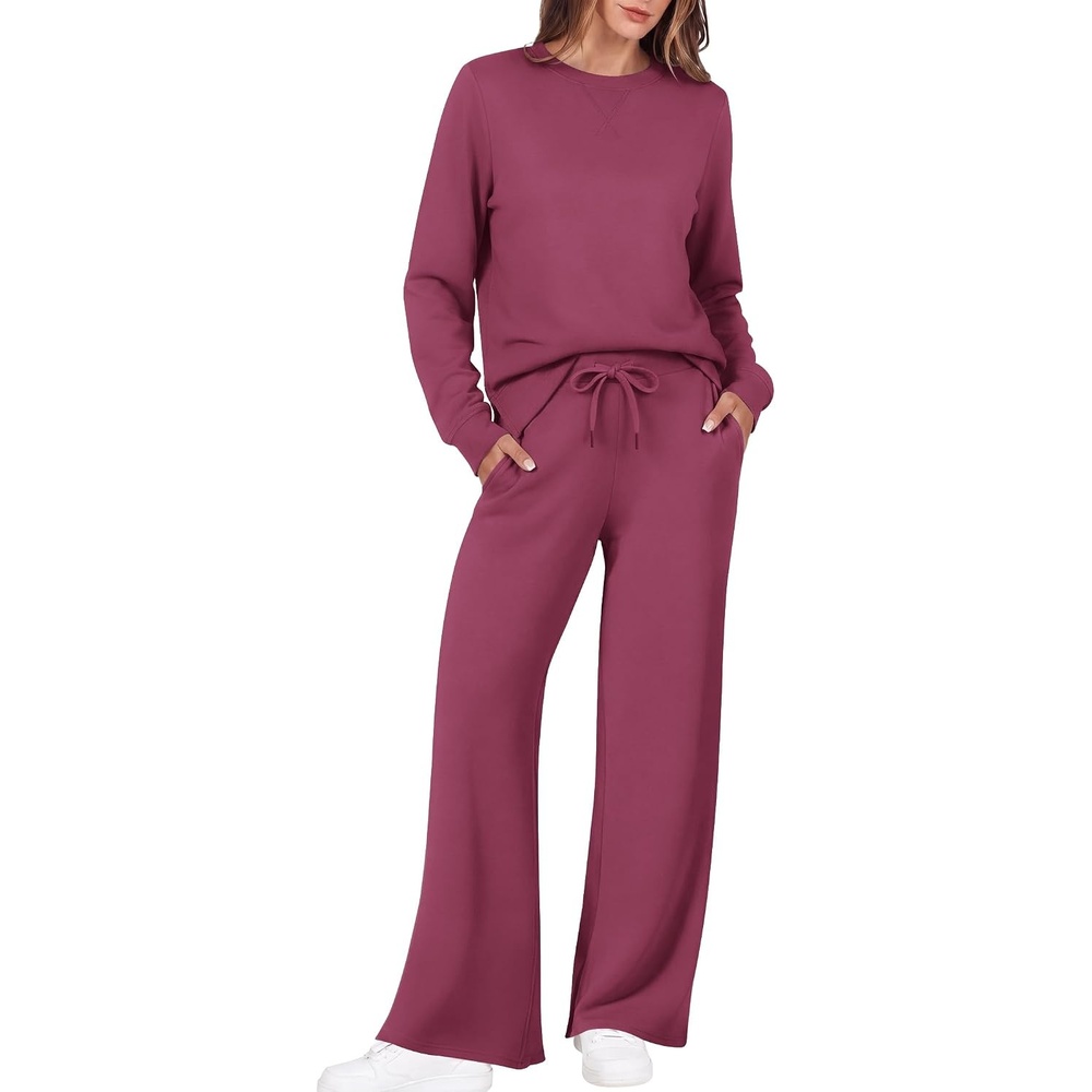 image:imageEkouaer 2 Piece Sets for Women Fall Lounge Sets Outfits Matching Clothing 2026 Fall Long Sleeve Pullover TopWideLeg Pants PocketsDrawstring Elastic WaistAirport Travel SetTracksuitSweatsuitMagenta Purpl