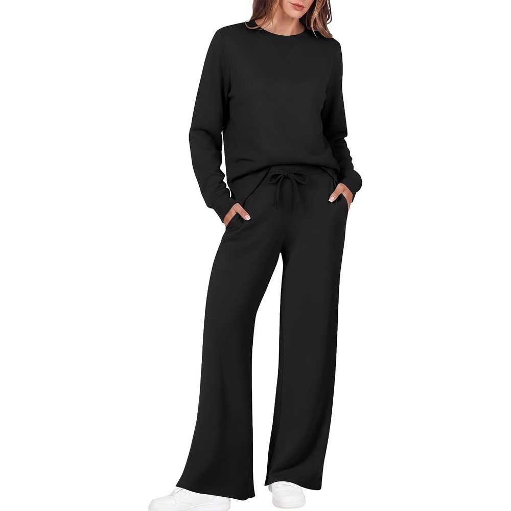 image:imageEkouaer 2 Piece Sets for Women Fall Lounge Sets Outfits Matching Clothing  2026 Fall Long Sleeve Pullover TopWideLeg Pants PocketsDrawstring Elastic WaistAirport Travel SetTracksuitSweatsuitBlack