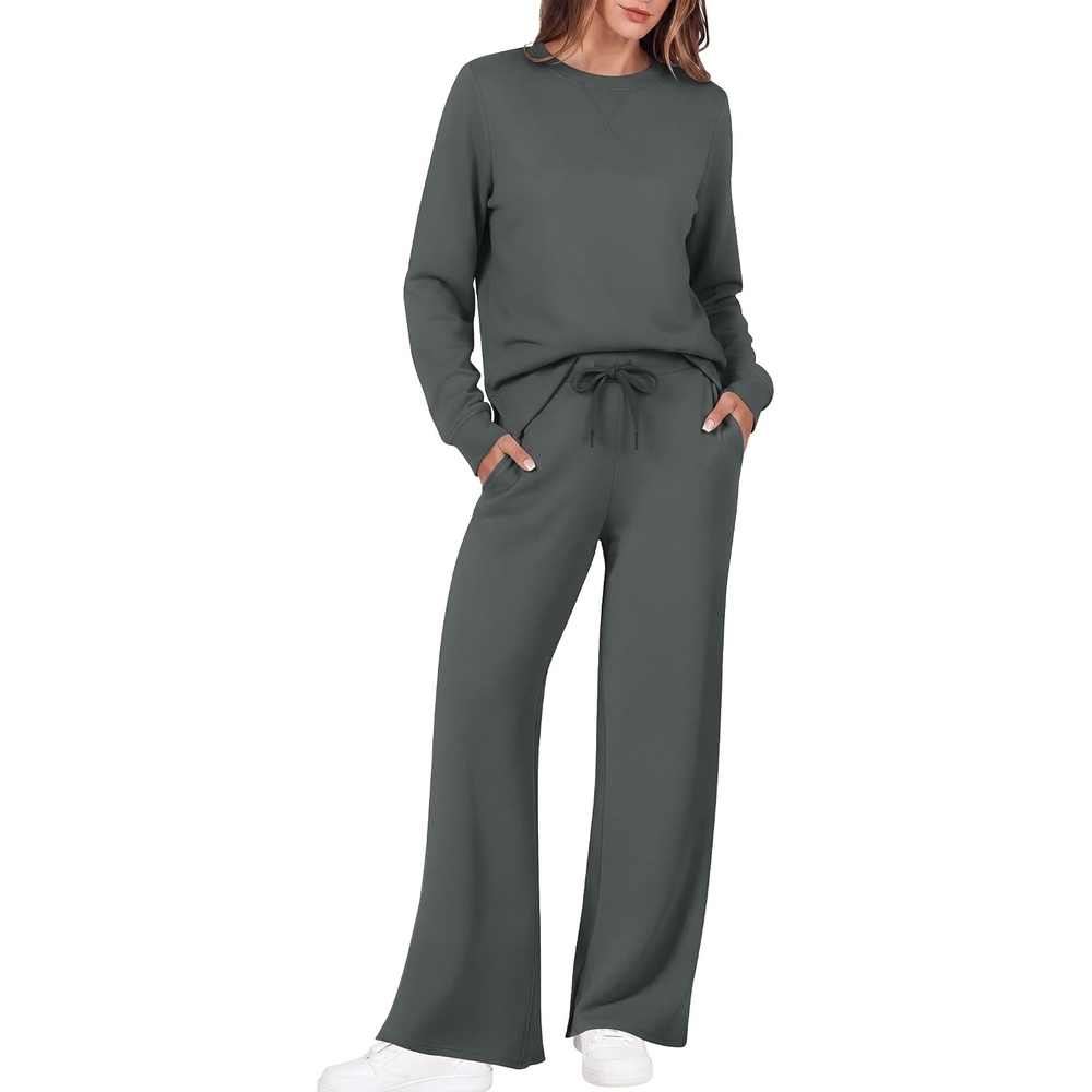 image:imageEkouaer 2 Piece Sets for Women Fall Lounge Sets Outfits Matching Clothing 2026 Fall Long Sleeve Pullover TopWideLeg Pants PocketsDrawstring Elastic WaistAirport Travel SetTracksuitSweatsuitDark Grey