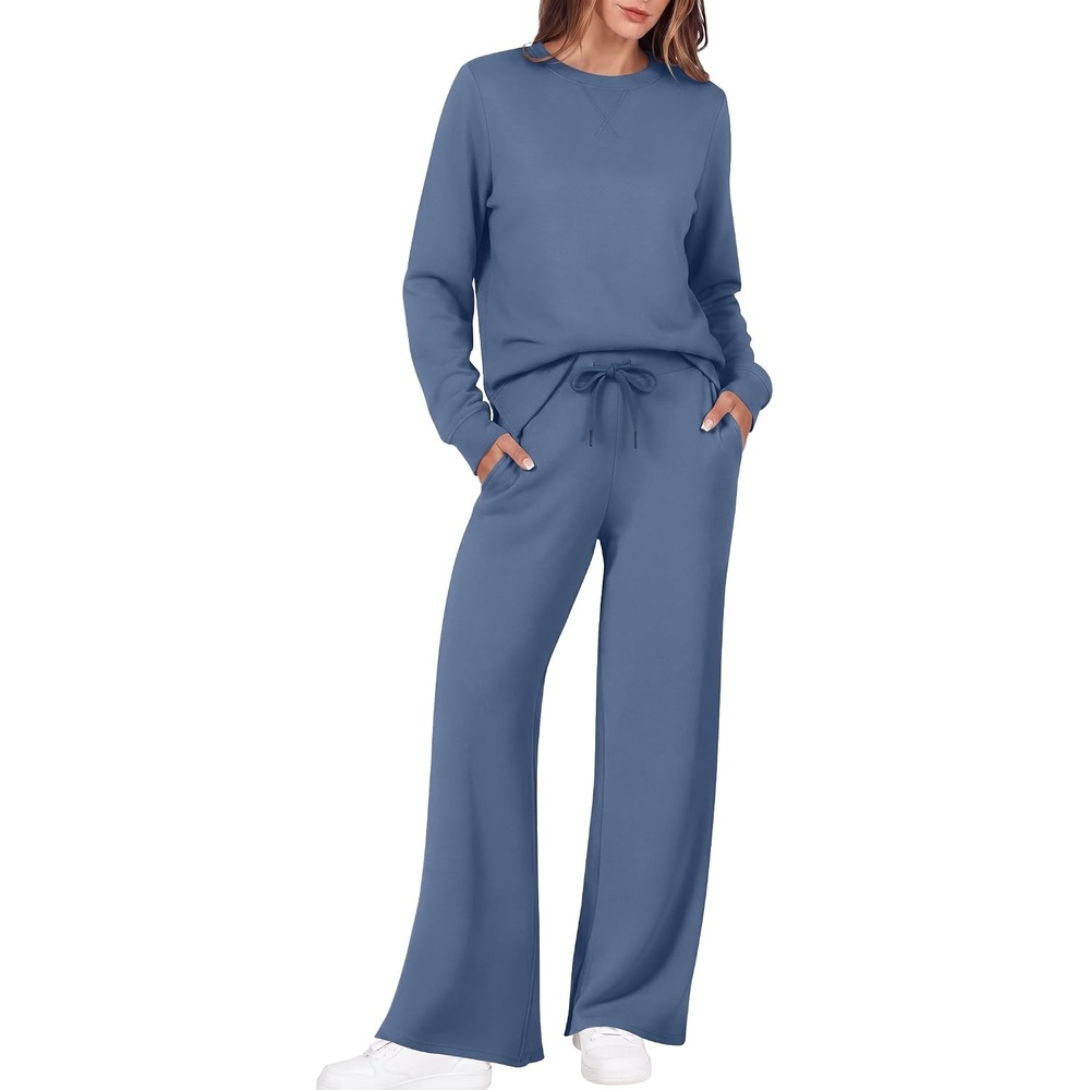 image:imageEkouaer 2 Piece Sets for Women Fall Lounge Sets Outfits Matching Clothing  2026 Fall Long Sleeve Pullover TopWideLeg Pants PocketsDrawstring Elastic WaistAirport Travel SetTracksuitSweatsuitBlue
