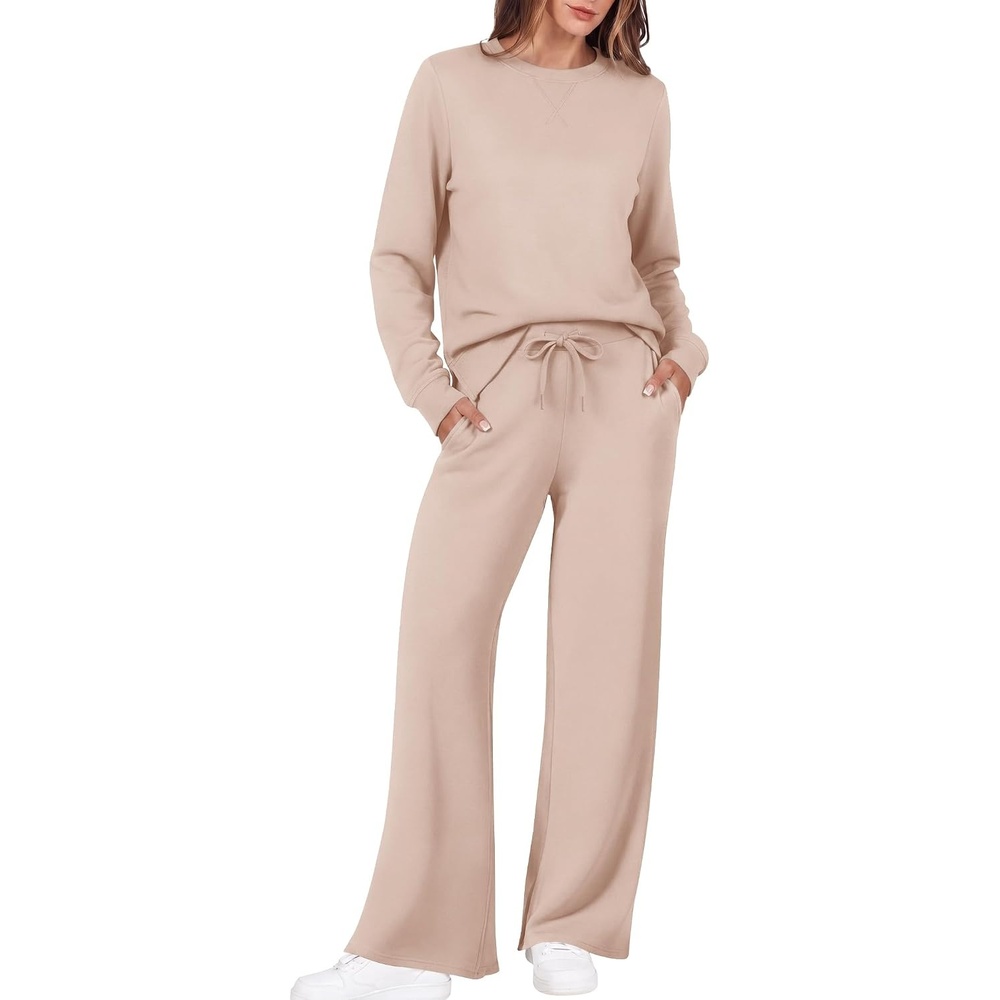 image:imageEkouaer 2 Piece Sets for Women Fall Lounge Sets Outfits Matching Clothing  2026 Fall Long Sleeve Pullover TopWideLeg Pants PocketsDrawstring Elastic WaistAirport Travel SetTracksuitSweatsuitApricot
