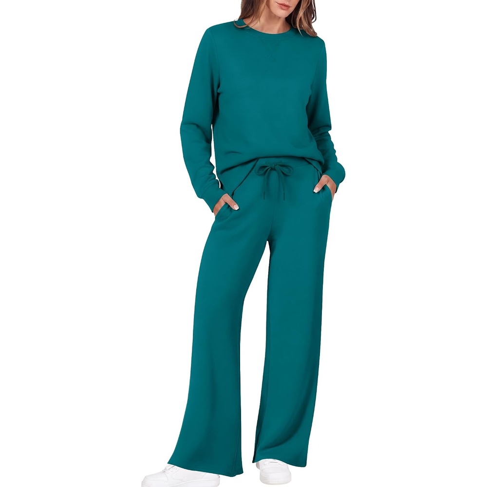 image:imageEkouaer 2 Piece Sets for Women Fall Lounge Sets Outfits Matching Clothing  2026 Fall Long Sleeve Pullover TopWideLeg Pants PocketsDrawstring Elastic WaistAirport Travel SetTracksuitSweatsuitBlue Green