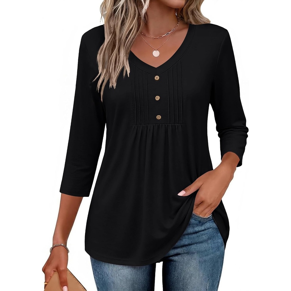 image:imageEkouaer 34 Length Sleeve Womens Tops V Neck Blouses Casual Pleated Shirts  Soft lightweight fabric 34 sleeve loose top with v neck front pleats and decorative buttons ideal for all occasionsBlack