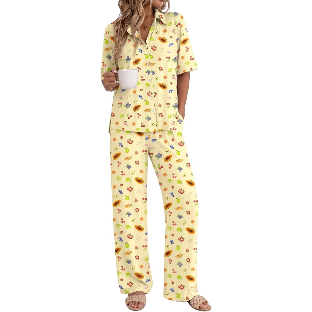 image:imageEkouaer Pajamas for Women Set Button Up Short Sleeve Pjs with Long Pants Summer Sleepwear Deep Pockets Soft Fabric 2 Piece Lounge Set Relaxed Fit Various OccasionsPale Yellow Fruit