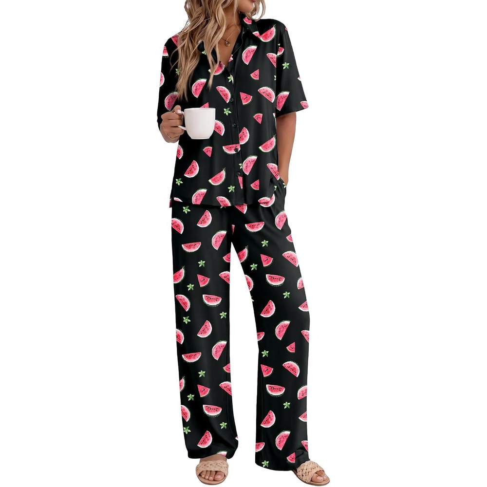 image:imageEkouaer Pajamas for Women Set Button Up Short Sleeve Pjs with Long Pants  Summer Sleepwear Deep Pockets Soft Fabric 2 Piece Lounge Set Relaxed Fit Various OccasionsBlack Watermelon