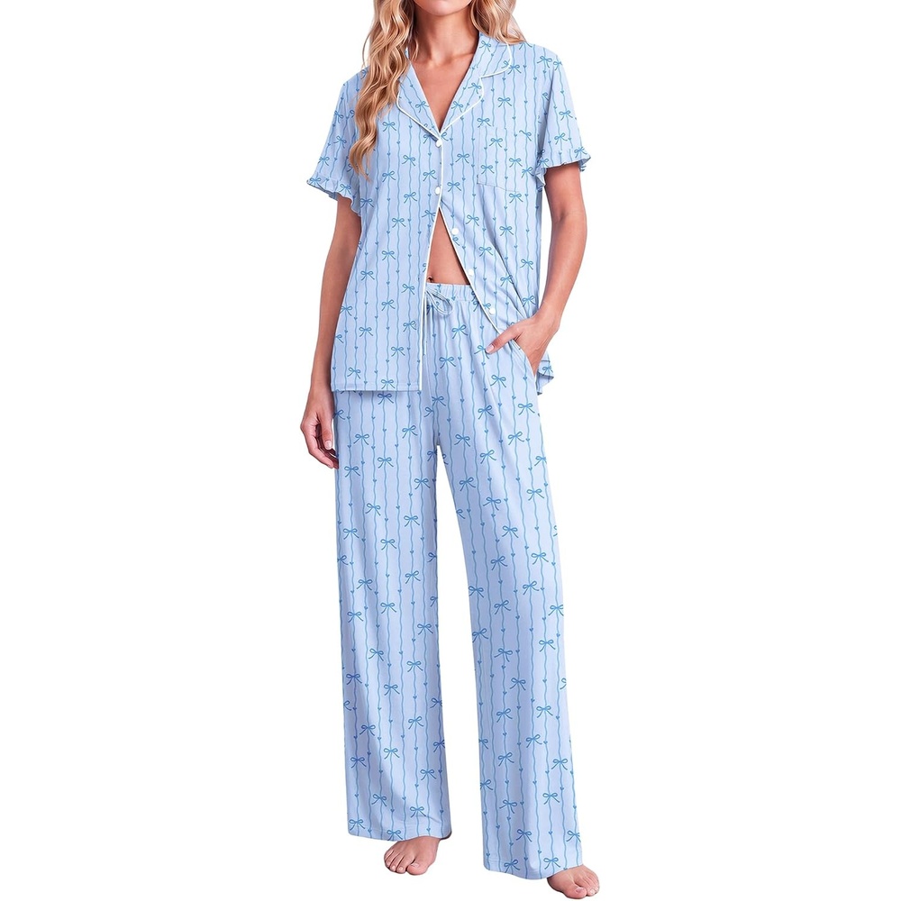 image:imageEkouaer Pajamas for Women Set Button Up Soft Pjs Short Sleeve Lounge Sets Cute Ruffle SleeveNotch CollarSide PocketsComfy Lightweight FabricIdeal for Daily WearPostpartumPartyBlue Stripes Bow