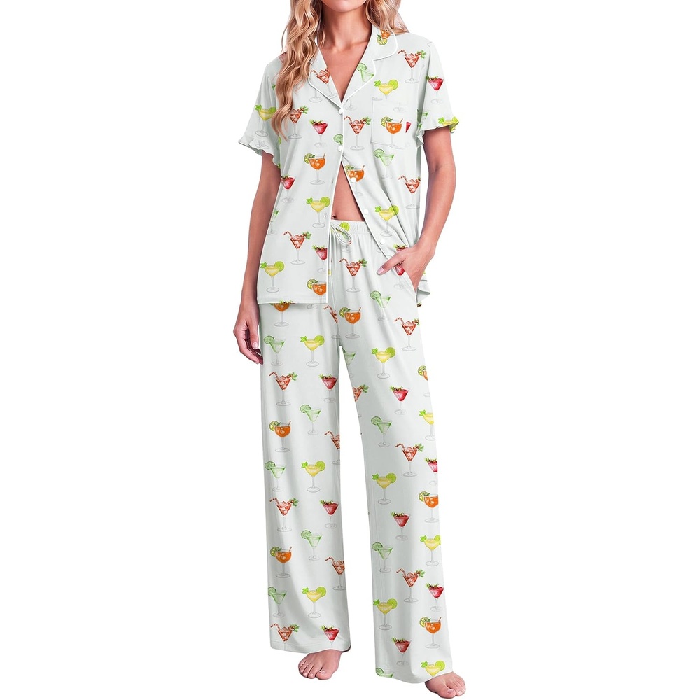 image:imageEkouaer Pajamas for Women Set Button Up Soft Pjs Short Sleeve Lounge Sets Cute Ruffle SleeveNotch CollarSide PocketsComfy Lightweight FabricIdeal for Daily WearPostpartumPartyGreen Cocktail Glass