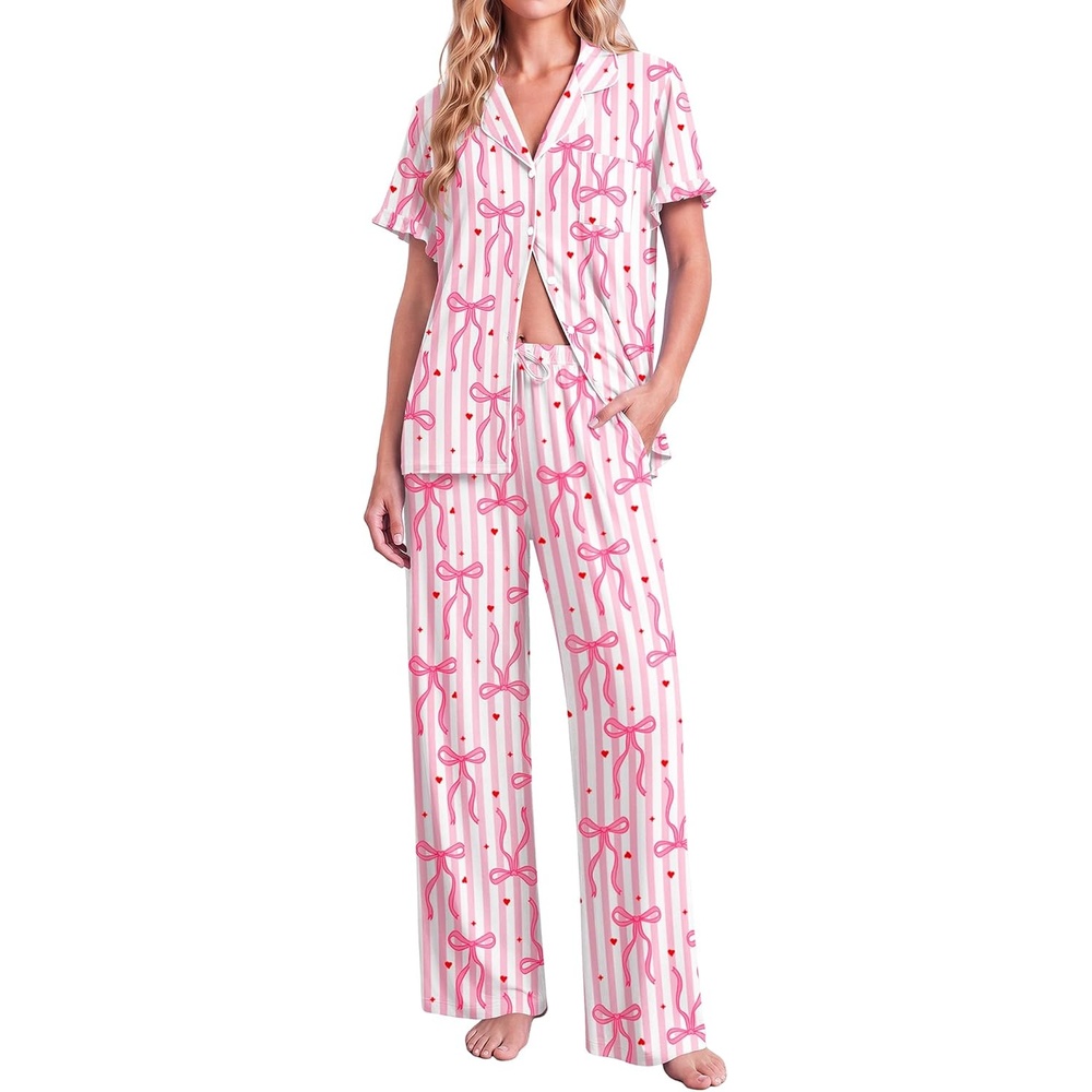 image:imageEkouaer Pajamas for Women Set Button Up Soft Pjs Short Sleeve Lounge Sets Cute Ruffle SleeveNotch CollarSide PocketsComfy Lightweight FabricIdeal for Daily WearPostpartumPartyPink Stripes Bow