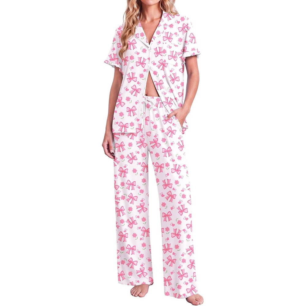 image:imageEkouaer Pajamas for Women Set Button Up Soft Pjs Short Sleeve Lounge Sets Cute Ruffle SleeveNotch CollarSide PocketsComfy Lightweight FabricIdeal for Daily WearPostpartumPartyPink Bow