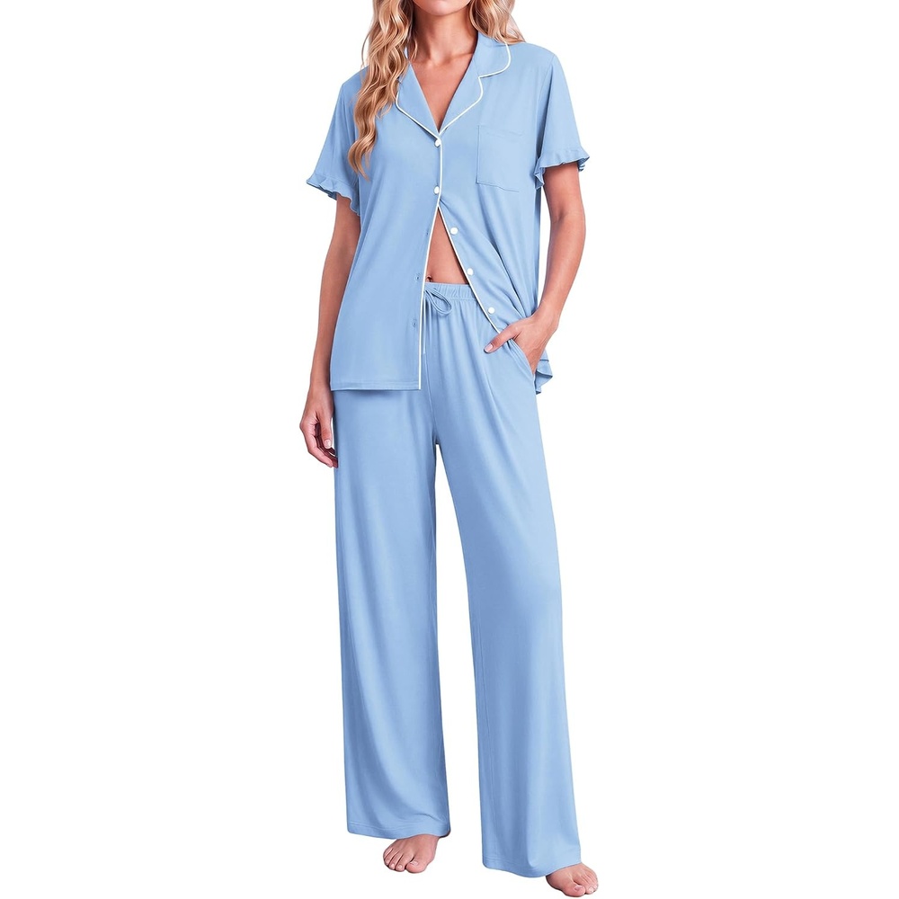 image:imageEkouaer Pajamas for Women Set Button Up Soft Pjs Short Sleeve Lounge Sets Cute Ruffle SleeveNotch CollarSide PocketsComfy Lightweight FabricIdeal for Daily WearPostpartumPartyLight Blue