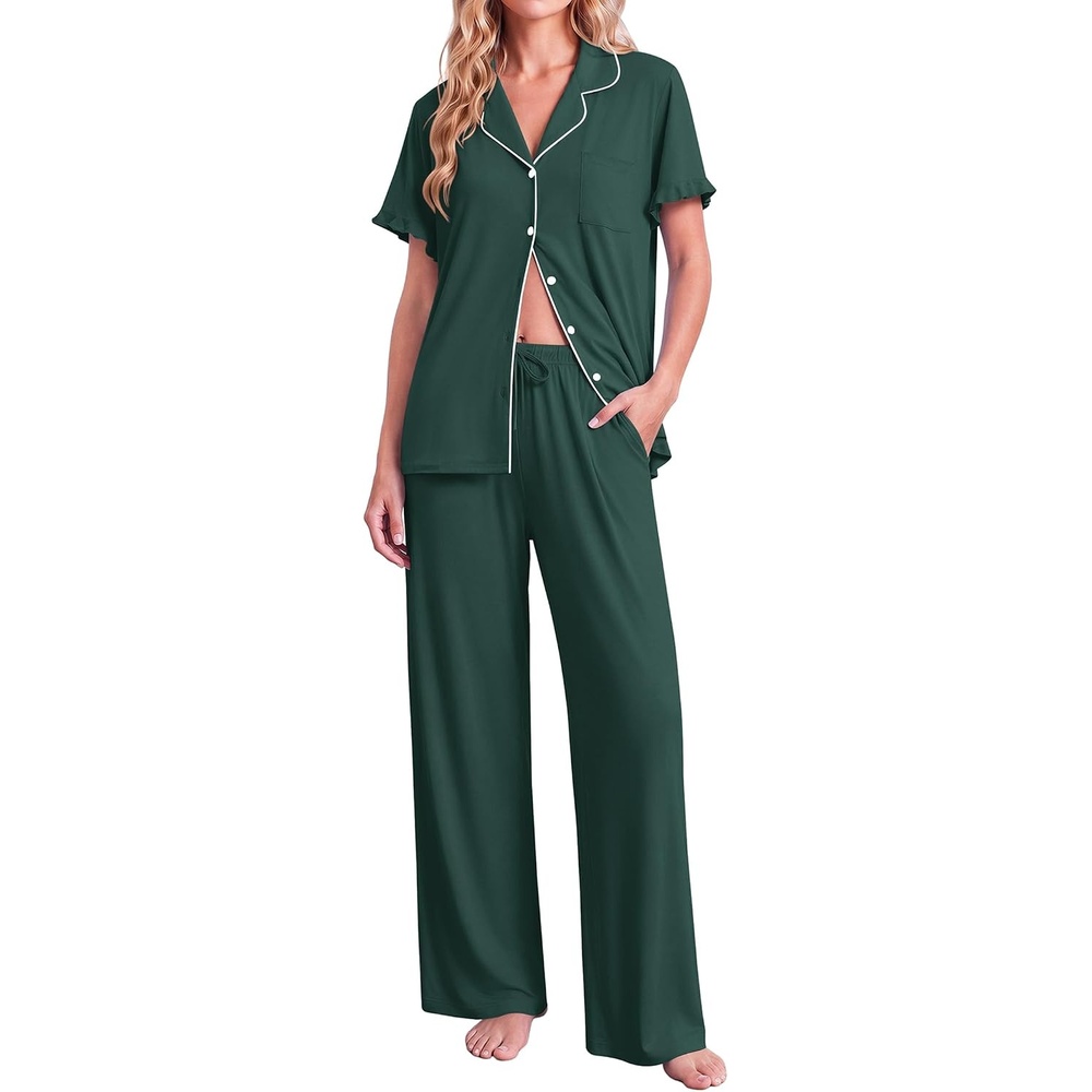 image:imageEkouaer Pajamas for Women Set Button Up Soft Pjs Short Sleeve Lounge Sets Cute Ruffle SleeveNotch CollarSide PocketsComfy Lightweight FabricIdeal for Daily WearPostpartumPartyDark Green