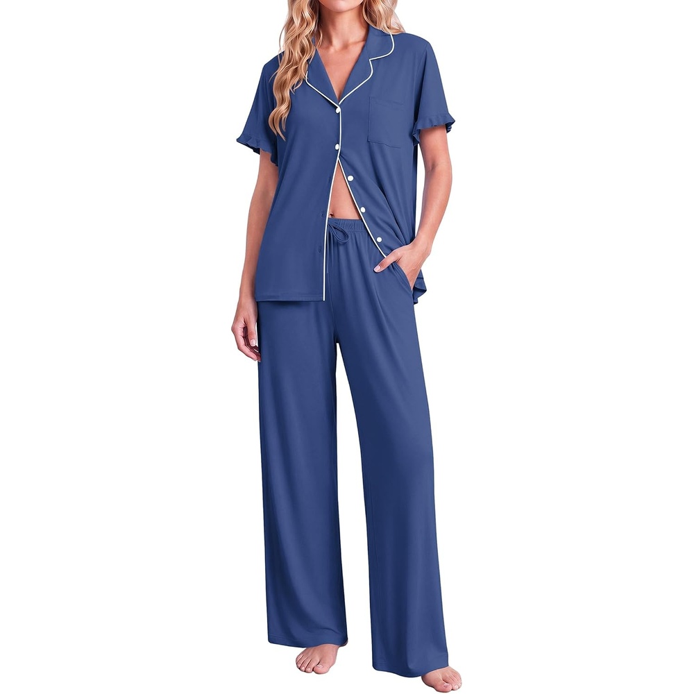 image:imageEkouaer Pajamas for Women Set Button Up Soft Pjs Short Sleeve Lounge Sets Cute Ruffle SleeveNotch CollarSide PocketsComfy Lightweight FabricIdeal for Daily WearPostpartumPartyNavy Blue