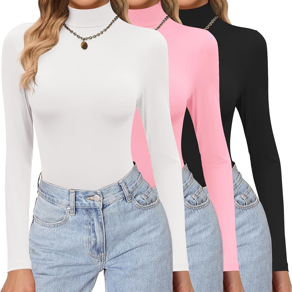 image:imageEkouaer Womens 3 Pack Turtleneck Shirts Long Sleeve Mock Undershirts Mock Neck Soft Base Layer Thermal Tops Underwear Stretchy Fit Buttery Soft Fashion Winter ClothesBlackWhitePink