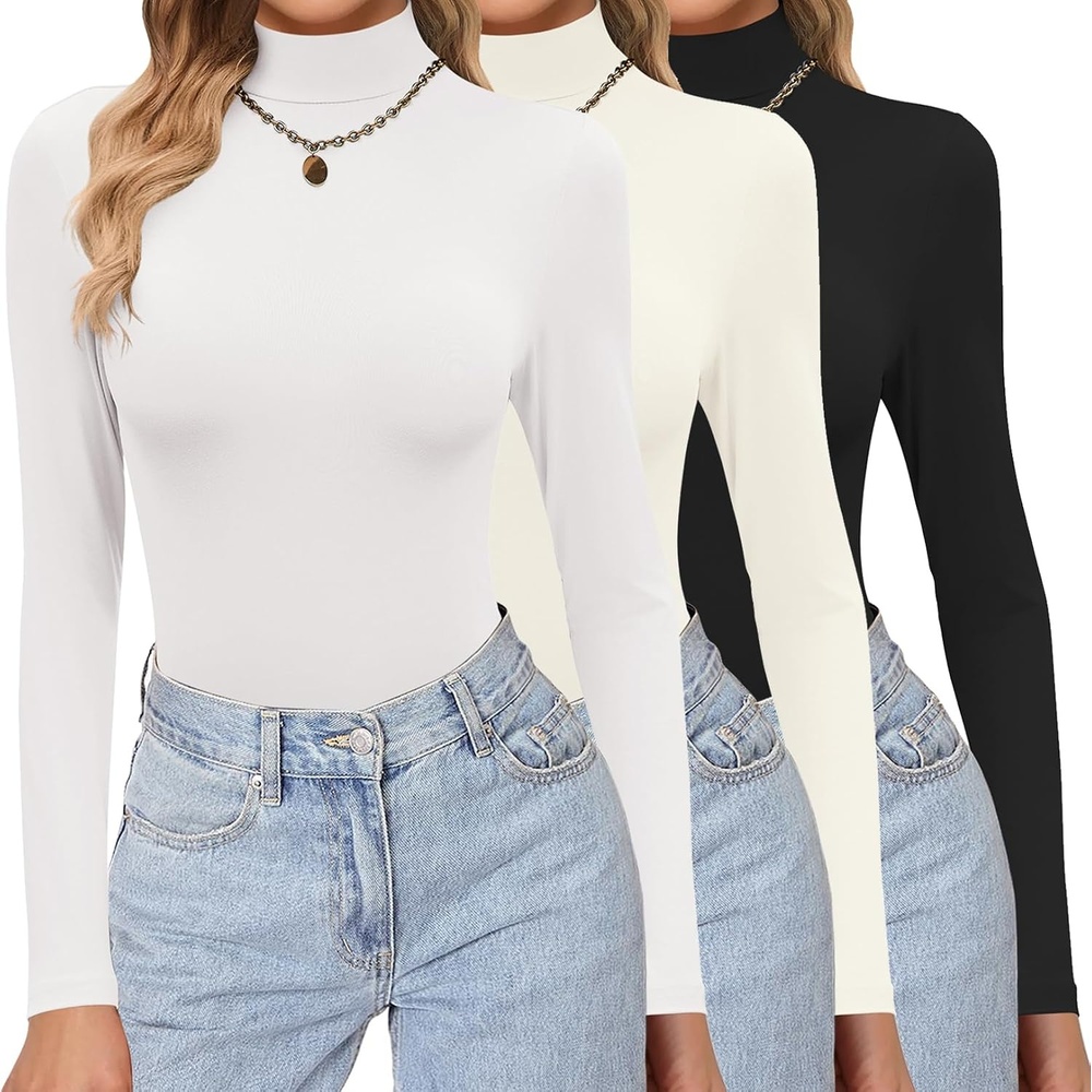 image:imageEkouaer Womens 3 Pack Turtleneck Shirts Long Sleeve Mock Undershirts  Mock Neck Soft Base Layer Thermal Tops Underwear Stretchy Fit Buttery Soft Fashion Winter ClothesBlackWhiteBeige