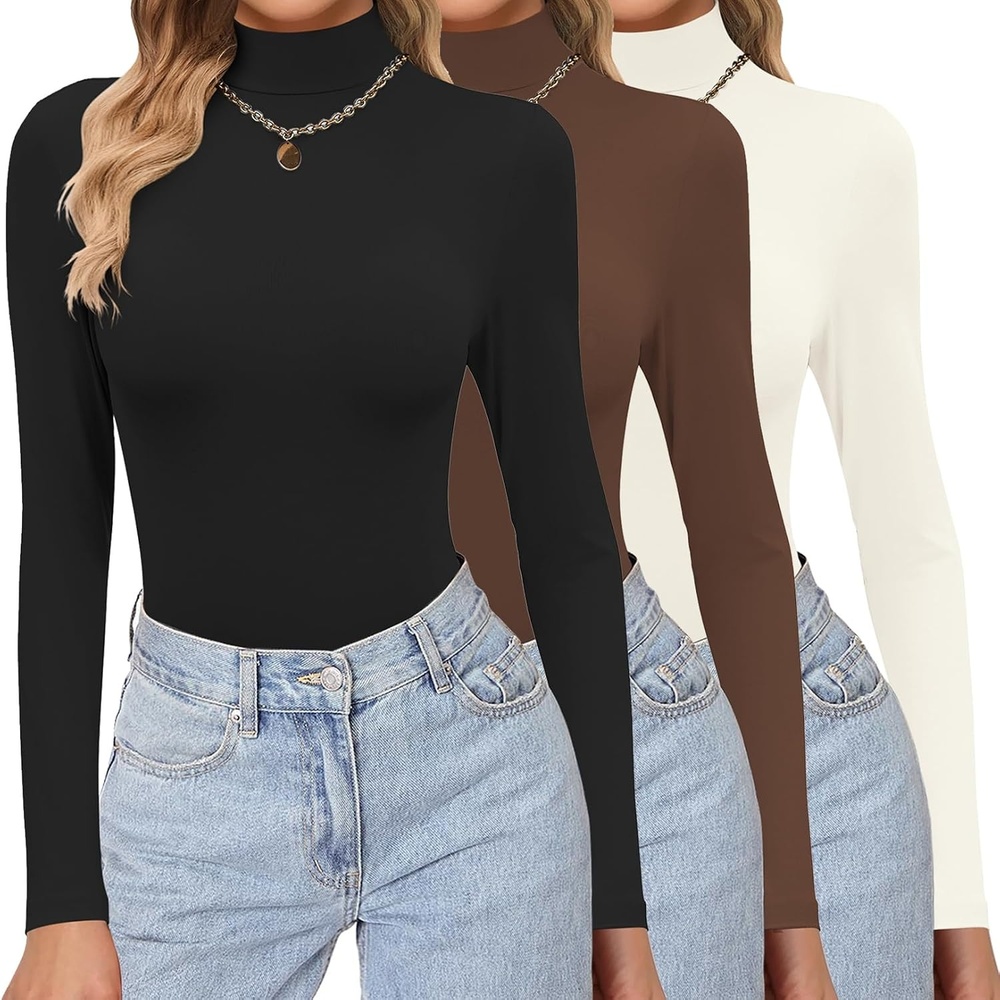 image:imageEkouaer Womens 3 Pack Turtleneck Shirts Long Sleeve Mock Undershirts  Mock Neck Soft Base Layer Thermal Tops Underwear Stretchy Fit Buttery Soft Fashion Winter ClothesBlackBeigeBrown