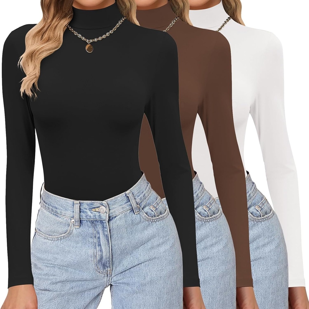 image:imageEkouaer Womens 3 Pack Turtleneck Shirts Long Sleeve Mock Undershirts Mock Neck Soft Base Layer Thermal Tops Underwear Stretchy Fit Buttery Soft Fashion Winter ClothesBlackWhiteBrown