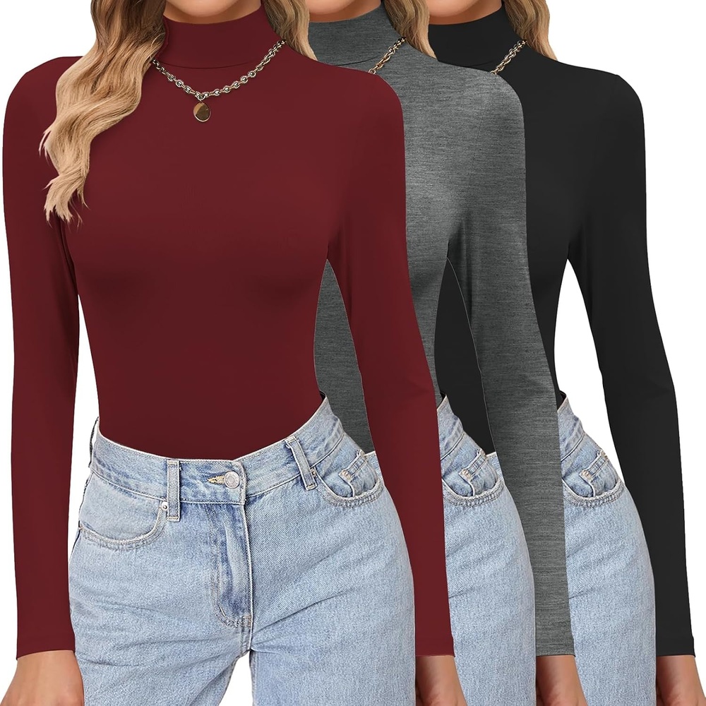 image:imageEkouaer Womens 3 Pack Turtleneck Shirts Long Sleeve Mock Undershirts Mock Neck Soft Base Layer Thermal Tops Underwear Stretchy Fit Buttery Soft Fashion Winter ClothesBlackGreyWine