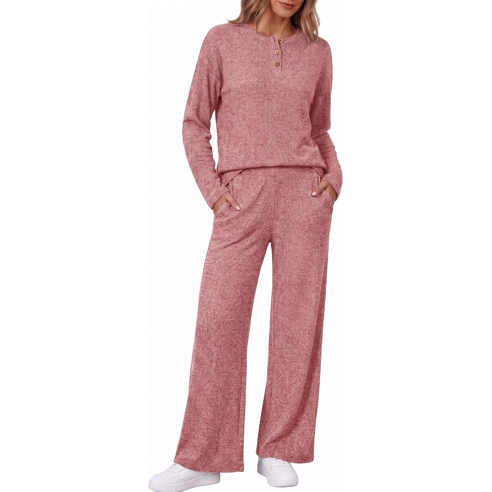 image:imageEkouaer Womens Pajama sets Long Sleeve Cozy 2 Piece Matching Lounge Set Comfy nonitchy ribbed knit pjs henley neck drop shoulder loose fit elastic waist pants with pockets fall pjs great giftWine Red