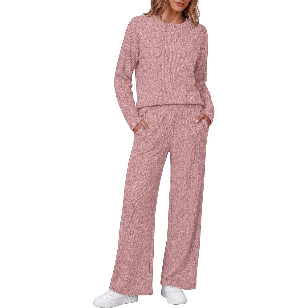 image:imageEkouaer Womens Pajama sets Long Sleeve Cozy 2 Piece Matching Lounge Set Comfy nonitchy ribbed knit pjs henley neck drop shoulder loose fit elastic waist pants with pockets fall pjs great giftDusty Rose