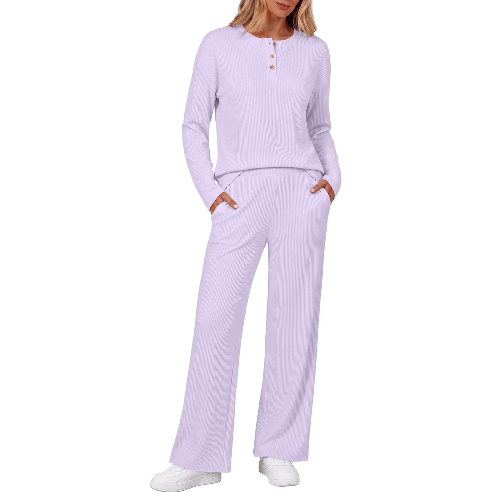 image:imageEkouaer Womens Pajama sets Long Sleeve Cozy 2 Piece Matching Lounge Set Comfy nonitchy ribbed knit pjs henley neck drop shoulder loose fit elastic waist pants with pockets fall pjs great giftLavender