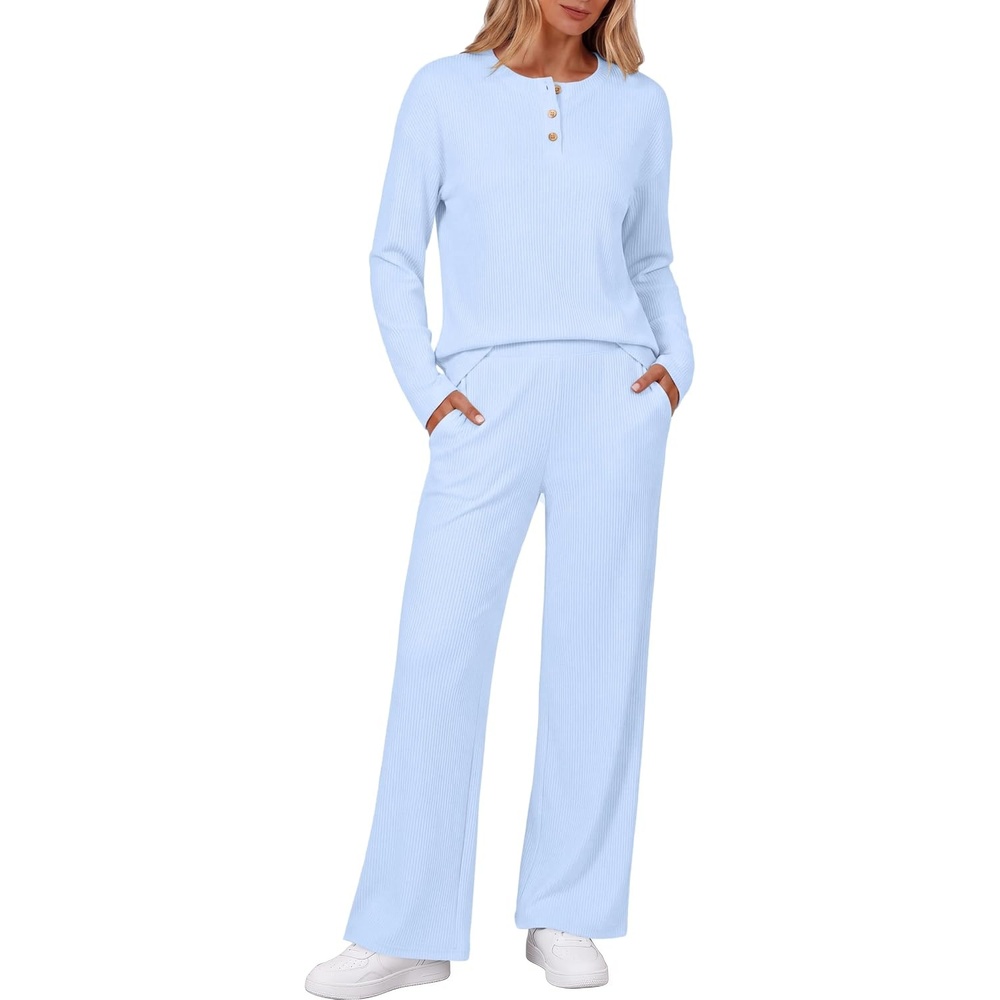 image:imageEkouaer Womens Pajama sets Long Sleeve Cozy 2 Piece Matching Lounge Set Comfy nonitchy ribbed knit pjs henley neck drop shoulder loose fit elastic waist pants with pockets fall pjs great giftBaby Blue