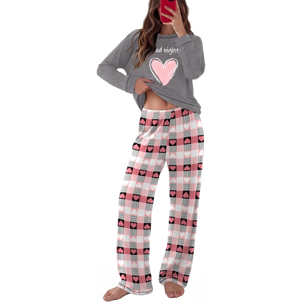 image:imageEkouaer Womens Pajamas Long Sleeve Pjs Soft Loungewear 2 Piece Lounge Sets  Loose Pants with PocketsComfy Fall Winter SleepwearHeart Gray