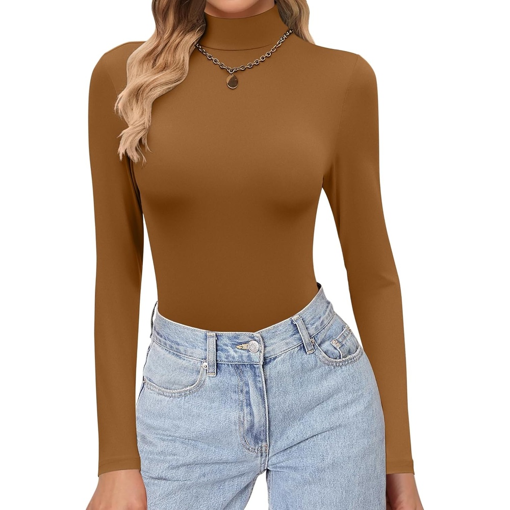 image:imageEkouaer Womens Turtleneck Shirts Long Sleeve Lightweight Fitted Thermal Mock Neck Soft Base Layer Tops Underwear Stretchy Fit Buttery Soft Undershirts Fashion Winter ClothesLight Brown