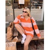Ekouaer Two Piece Sets for Women Fall Lounge Sets Long Sleeve Shorts Set | Oversized Matching Outfit, 2026 Fall Striped Shirts and Shorts Set, V Neck Top with Pockets, Casual Matching Clothing Set(Orange Pink Combo)