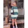 Ekouaer Two Piece Sets for Women Fall Lounge Sets Long Sleeve Shorts Set | Oversized Matching Outfit, 2026 Fall Striped Shirts and Shorts Set, V Neck Top with Pockets, Casual Matching Clothing Set(Green Combo)