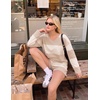 Ekouaer Two Piece Sets for Women Fall Lounge Sets Long Sleeve Shorts Set | Oversized Matching Outfit, 2026 Fall Striped Shirts and Shorts Set, V Neck Top with Pockets, Casual Matching Clothing Set(Beige White Combo)