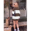 Ekouaer Two Piece Sets for Women Fall Lounge Sets Long Sleeve Shorts Set | Oversized Matching Outfit, 2026 Fall Striped Shirts and Shorts Set, V Neck Top with Pockets, Casual Matching Clothing Set(Coffee White Combo)