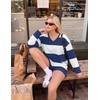 Ekouaer Two Piece Sets for Women Fall Lounge Sets Long Sleeve Shorts Set | Oversized Matching Outfit, 2026 Fall Striped Shirts and Shorts Set, V Neck Top with Pockets, Casual Matching Clothing Set(Navy White Combo)