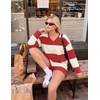 Ekouaer Two Piece Sets for Women Fall Lounge Sets Long Sleeve Shorts Set | Oversized Matching Outfit, 2026 Fall Striped Shirts and Shorts Set, V Neck Top with Pockets, Casual Matching Clothing Set(Red Beige Combo)