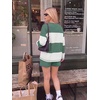 Ekouaer Two Piece Sets for Women Fall Lounge Sets Long Sleeve Shorts Set | Oversized Matching Outfit, 2026 Fall Striped Shirts and Shorts Set, V Neck Top with Pockets, Casual Matching Clothing Set(Green White Combo)