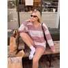 Ekouaer Two Piece Sets for Women Fall Lounge Sets Long Sleeve Shorts Set | Oversized Matching Outfit, 2026 Fall Striped Shirts and Shorts Set, V Neck Top with Pockets, Casual Matching Clothing Set(Pink Combo)