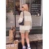 Ekouaer Two Piece Sets for Women Fall Lounge Sets Long Sleeve Shorts Set | Oversized Matching Outfit, 2026 Fall Striped Shirts and Shorts Set, V Neck Top with Pockets, Casual Matching Clothing Set(Beige White Combo)