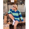 Ekouaer Two Piece Sets for Women Fall Lounge Sets Long Sleeve Shorts Set | Oversized Matching Outfit, 2026 Fall Striped Shirts and Shorts Set, V Neck Top with Pockets, Casual Matching Clothing Set(Blue Green Combo)