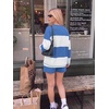 Ekouaer Two Piece Sets for Women Fall Lounge Sets Long Sleeve Shorts Set | Oversized Matching Outfit, 2026 Fall Striped Shirts and Shorts Set, V Neck Top with Pockets, Casual Matching Clothing Set(Blue White Combo)