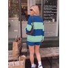 Ekouaer Two Piece Sets for Women Fall Lounge Sets Long Sleeve Shorts Set | Oversized Matching Outfit, 2026 Fall Striped Shirts and Shorts Set, V Neck Top with Pockets, Casual Matching Clothing Set(Blue Green Combo)