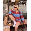 Ekouaer Two Piece Sets for Women Fall Lounge Sets Long Sleeve Shorts Set | Oversized Matching Outfit, 2026 Fall Striped Shirts and Shorts Set, V Neck Top with Pockets, Casual Matching Clothing Set(Red Blue Combo)