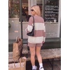 Ekouaer Two Piece Sets for Women Fall Lounge Sets Long Sleeve Shorts Set | Oversized Matching Outfit, 2026 Fall Striped Shirts and Shorts Set, V Neck Top with Pockets, Casual Matching Clothing Set(Pink Combo)