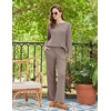 Ekouaer Womens Pajama sets Long Sleeve Cozy 2 Piece Matching Lounge Set | Comfy non-itchy ribbed knit pjs, henley neck drop shoulder loose fit, elastic waist pants with pockets, fall pjs, great gift(Brown)