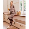 Ekouaer Women’s Satin Silk Pajamas Long Sleeve Button Up Pjs Lounge Sets | Soft 2-Piece Set, Adjustable Drawstring Waistband, Side Pockets, Ideal for Sleep, Lounging, Party(Brown)